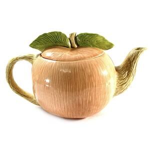 Vtg Landola Squash Ceramic Glazed Teapot with Green Leaf Lid Cottage Farmhouse